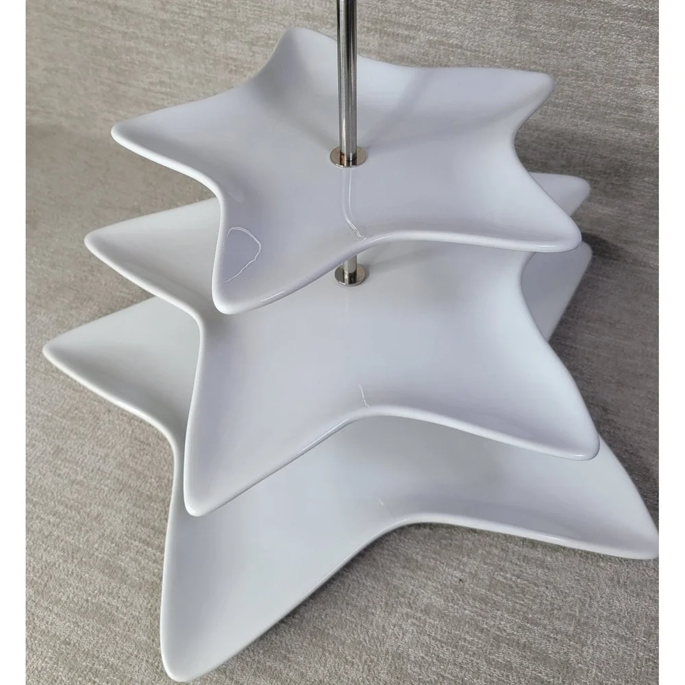 Pottery Barn Three Tier White Star Plate Stand Dessert Tea Tray 14